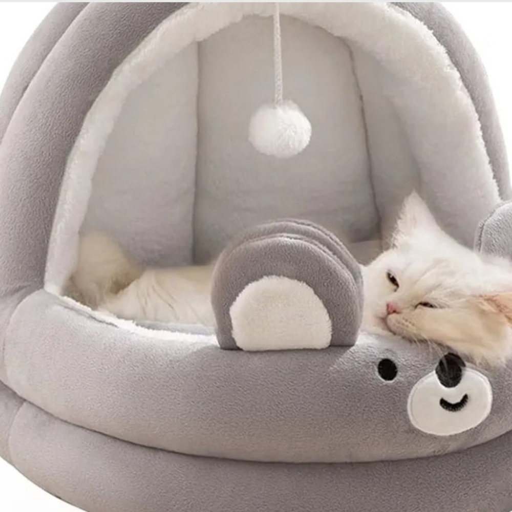 SOLD Plush Gray Cat or small dog Bed with Pom-Pom